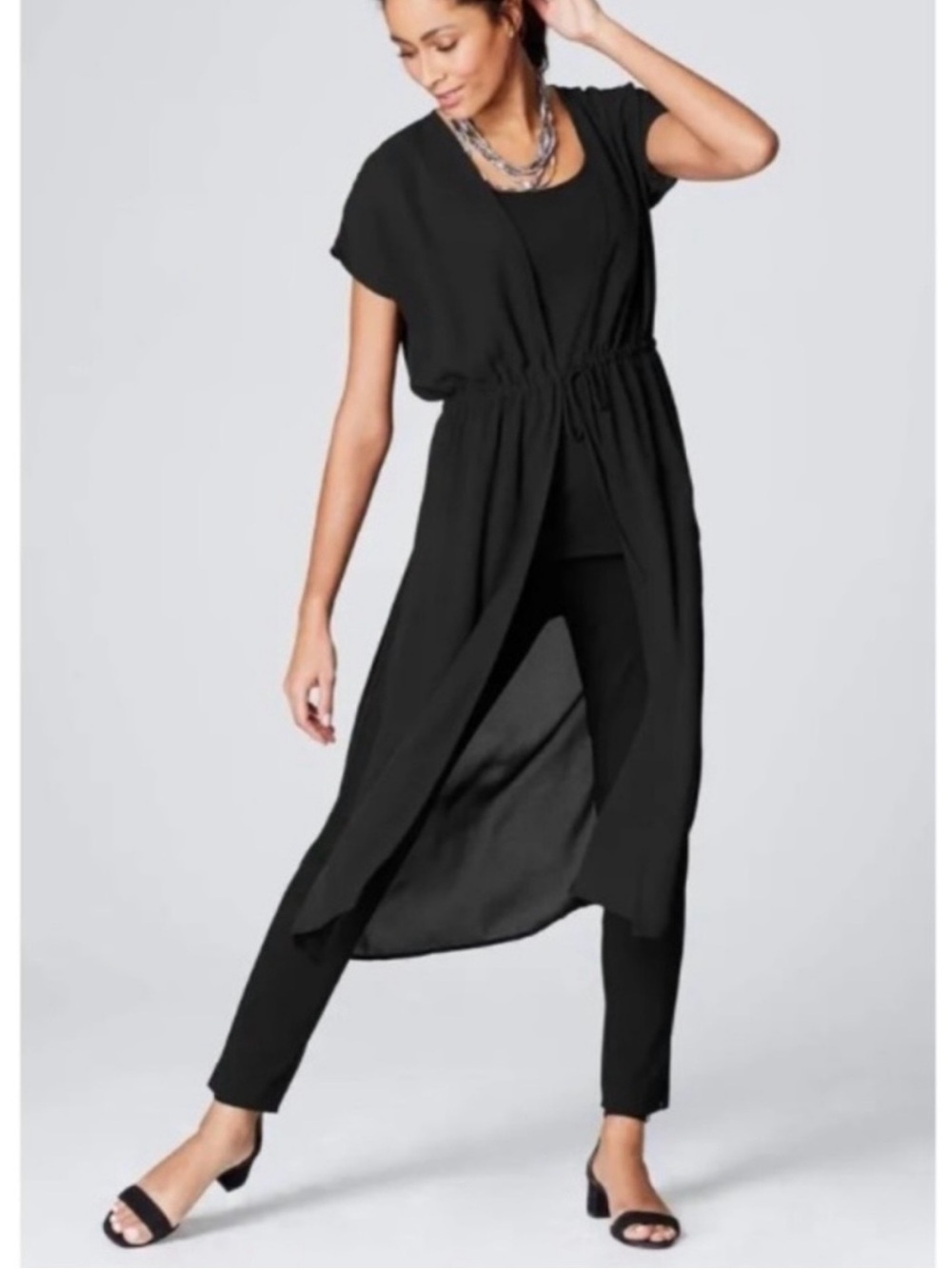 J. Jill Wearever Collection Black Sheer Open-Front Duster with Tie - Large